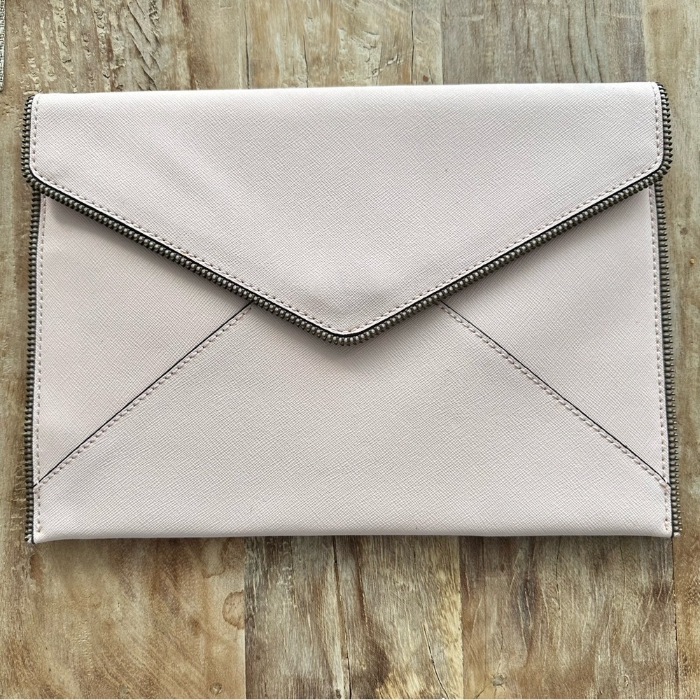 REBECCA MINKOFF Barely Pink Leo Envelope Clutch Zipper Trim Designer READ